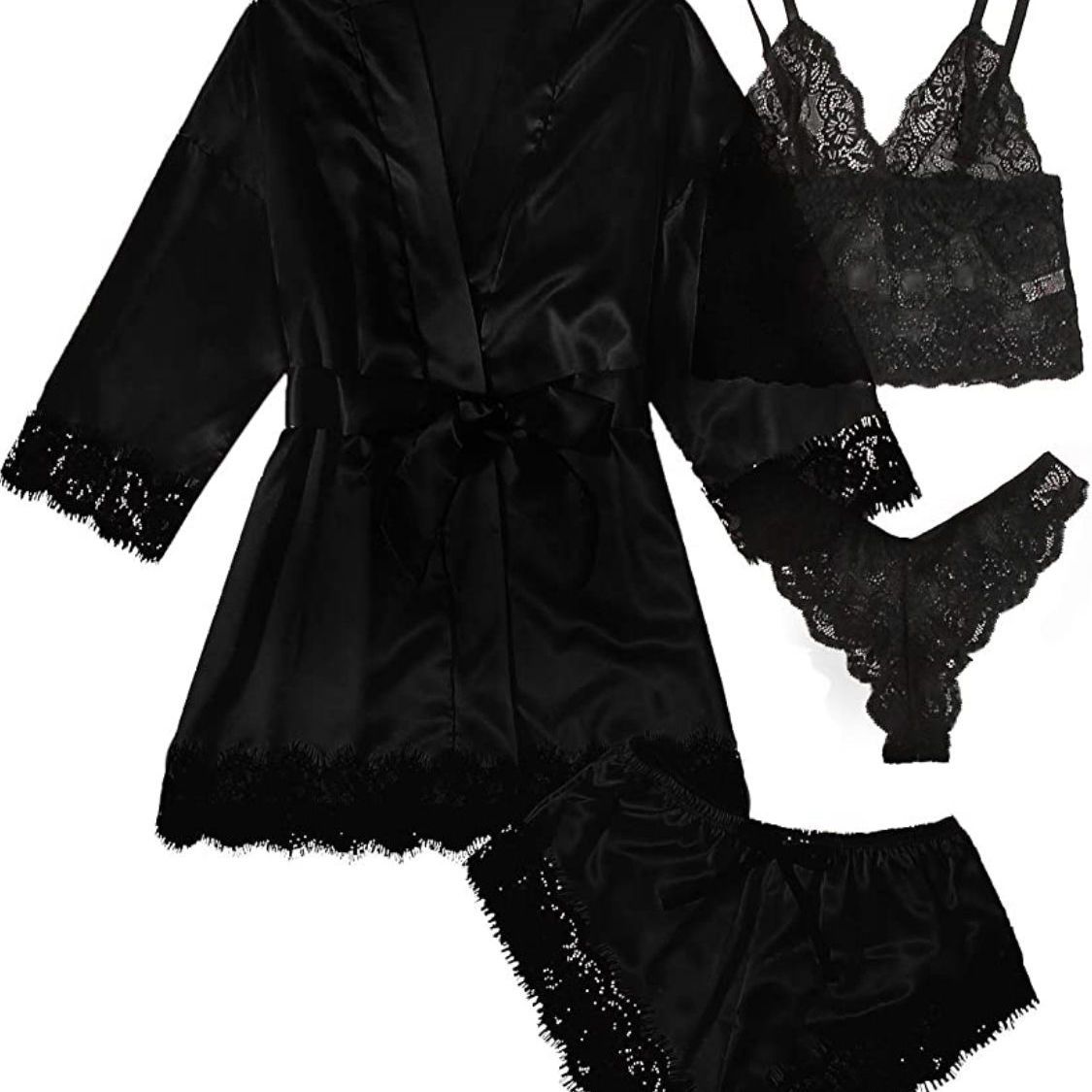 新款欧美女式睡衣 4件套蕾丝花边缎面吊带睡衣套装带睡袍内衣