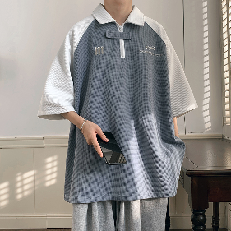华夫格polo衫男夏季小众设计感撞色上衣宽松休闲短袖t恤