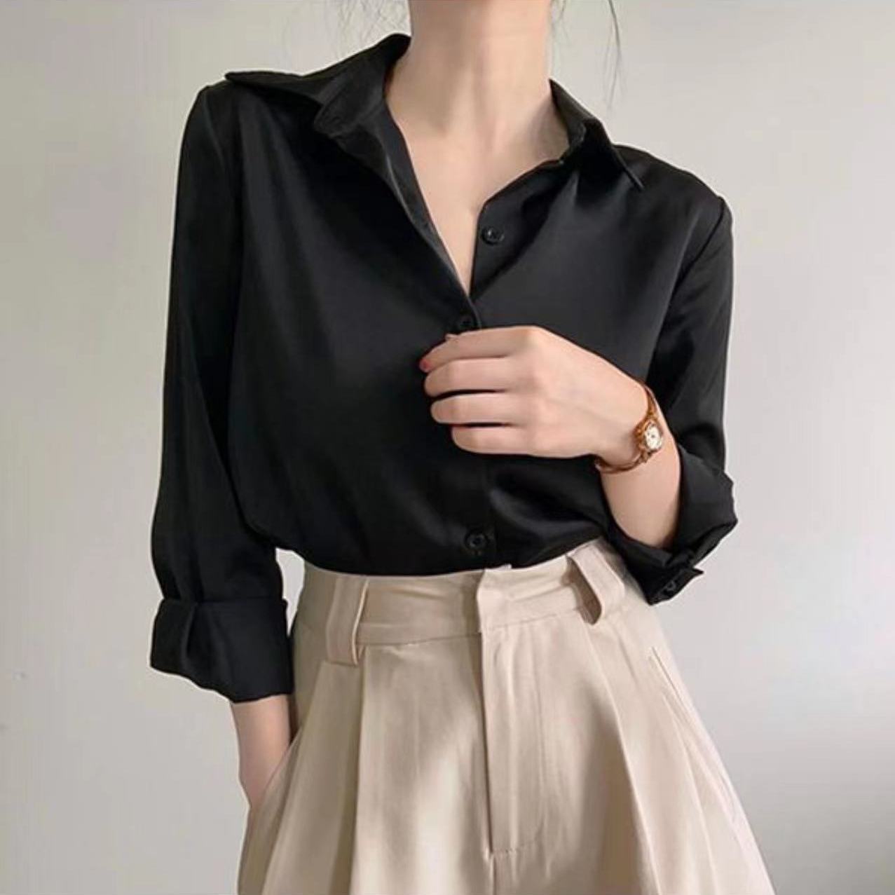 2024 new high-end temperament versatile shirt women's design niche long-sleeved business attire satin shirt women