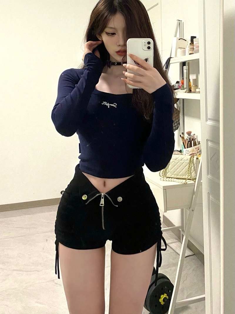 American retro pure desire right-shoulder long-sleeved T-shirt for women in autumn slim-fitting hot girl short top with bottoming shirt