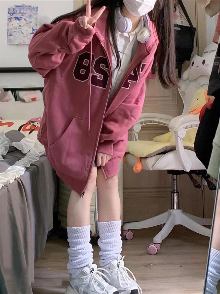 粉色开衫卫衣女2022春秋宽松小众设计高级感oversize薄款拉链外套