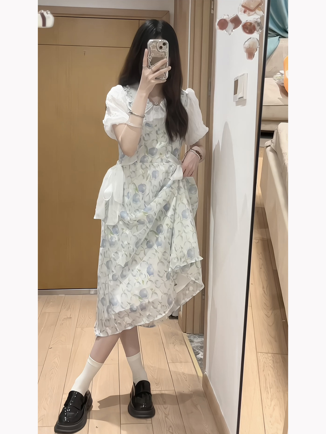 College style fake two-piece doll collar floral dress girl student Japanese sweet tie waist waist age reduction A-line skirt