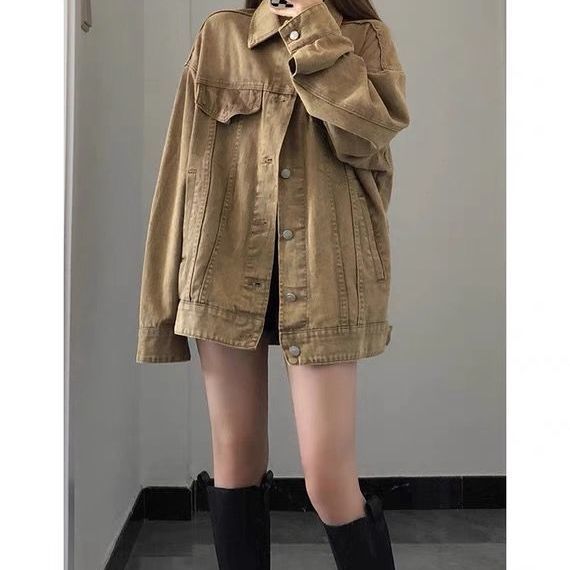American retro brown denim jacket women's spring, autumn and winter all-match tooling cool Sa jacket top ins tide