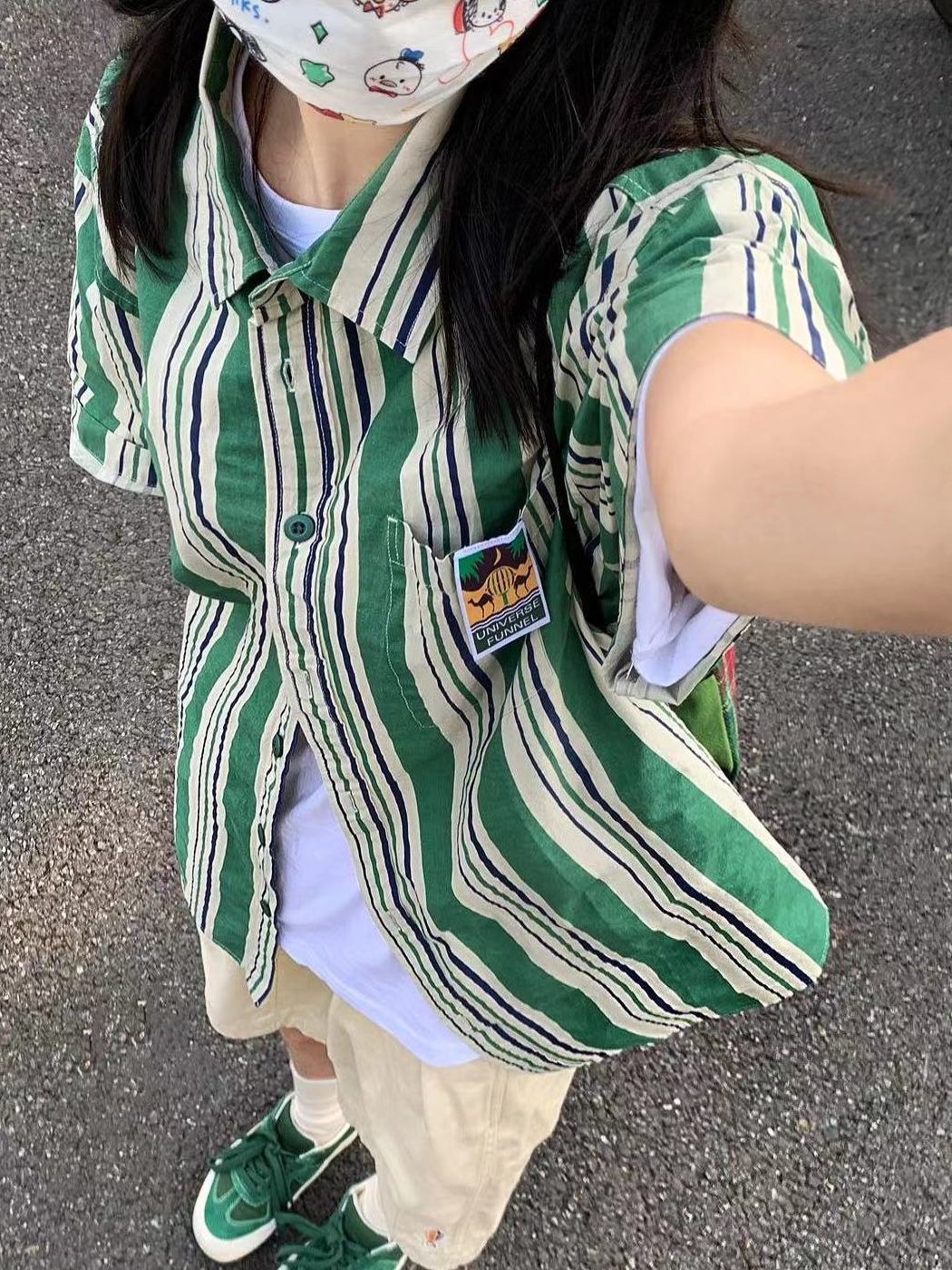 2023夏季新款多巴胺穿搭港味復古綠色條紋襯衫短袖女寬鬆顯瘦襯衣
