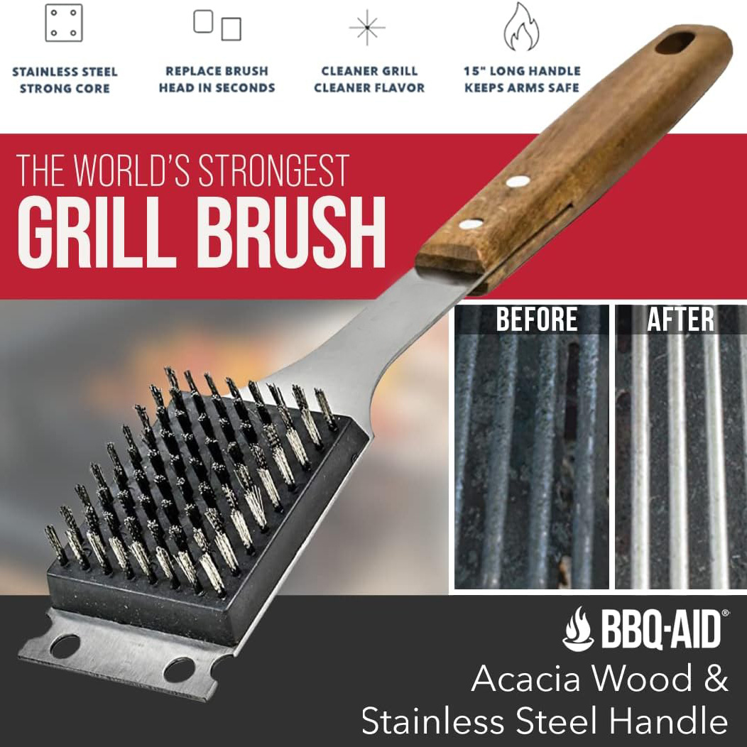 Stainless BBQ Mesh Smoker Grill Cleaning Rust Stain Removal Wooden Handle Copper Steel Wire Brush_voghion.com