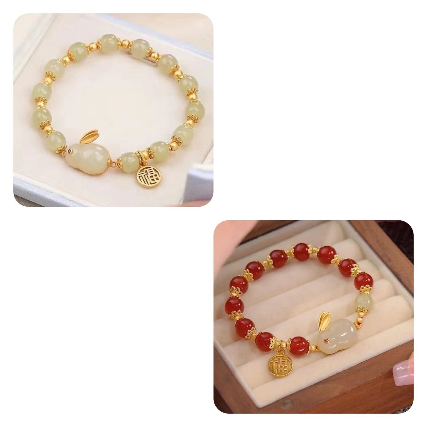 [Buy one get one free] New Chinese Jade Rabbit Bracelet Women's Ins High-value Student Bracelets Antique Girlfriend Gift
