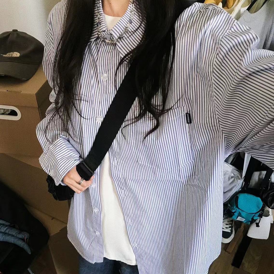個性高街條紋襯衫女夏季薄款寬鬆休閒顯瘦襯衣別致上衣服防曬開衫