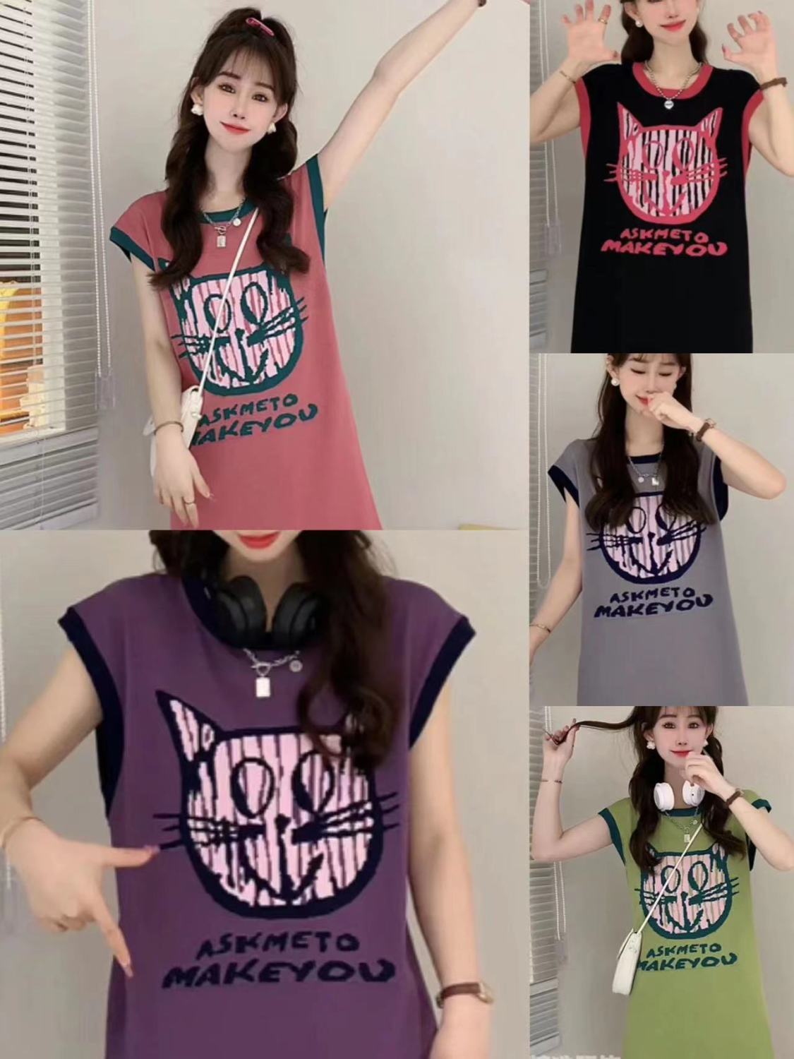 Cat print color matching short-sleeved dress women's summer 2023 new Korean version small loose casual a-line skirt
