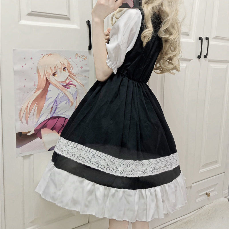 Japanese soft girl lolita bow girl daily loli splicing dress