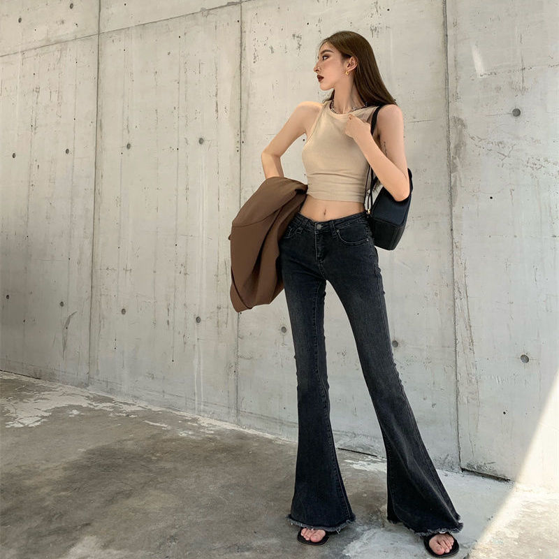 American retro jeans women's autumn and winter hot girl high waist wide-leg pants elastic self-cultivation slimming leg length micro flared pants