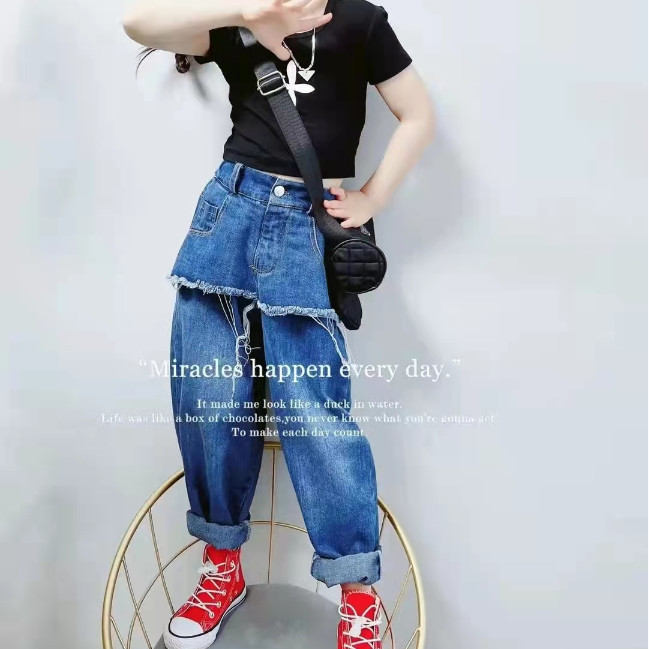 女童夏装套装新款韩版夏季大童洋气网红儿童短袖牛仔裤两件套