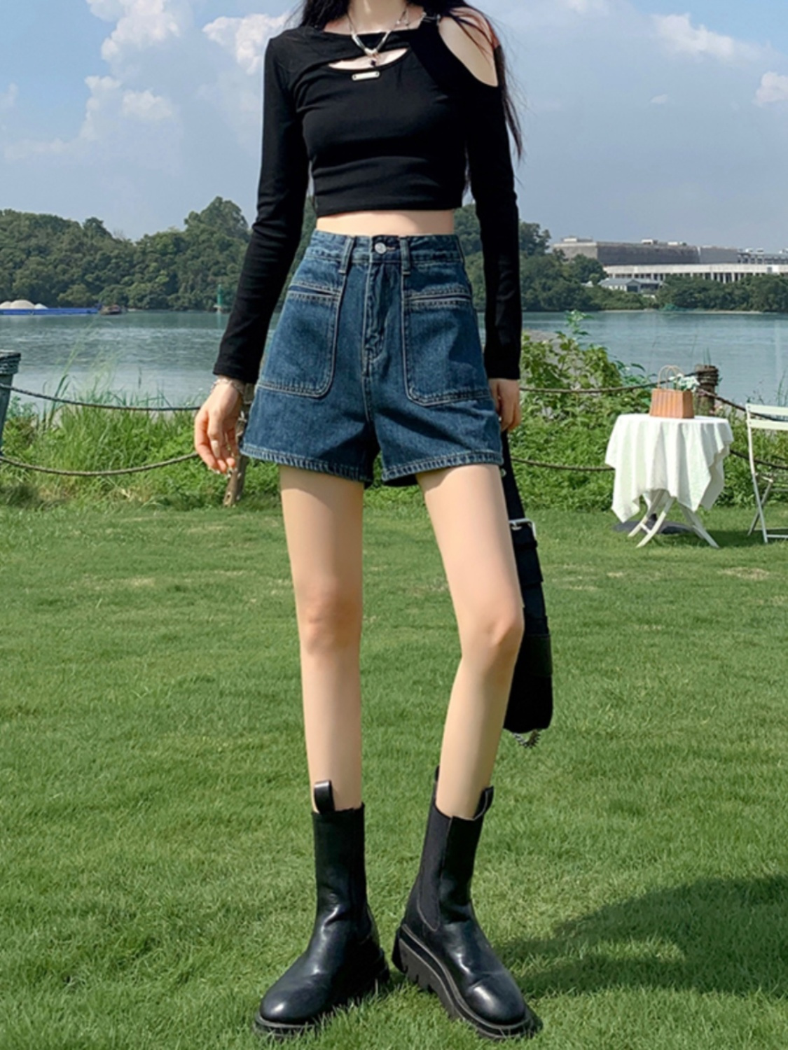 YSYOURS深藍色高腰牛仔短褲女夏季顯瘦a字大碼設計感小眾闊腿熱褲