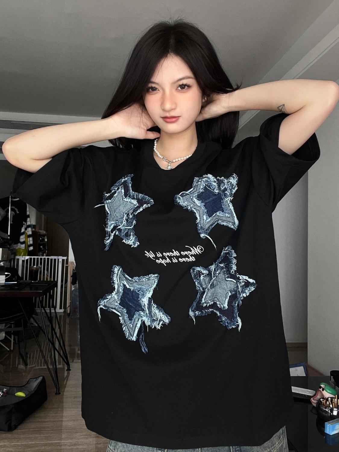 American retro star print short-sleeved t-shirt 2023 summer ins college style loose half-sleeved top