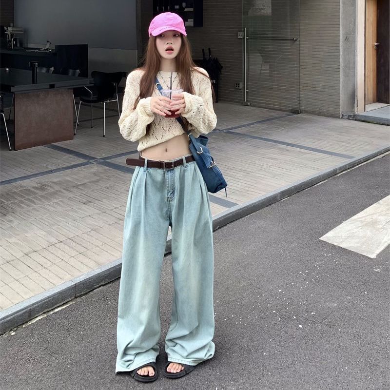 復古水洗淺藍色牛仔褲女秋季ins新款高腰闊腿褲寬鬆顯瘦拖地褲子