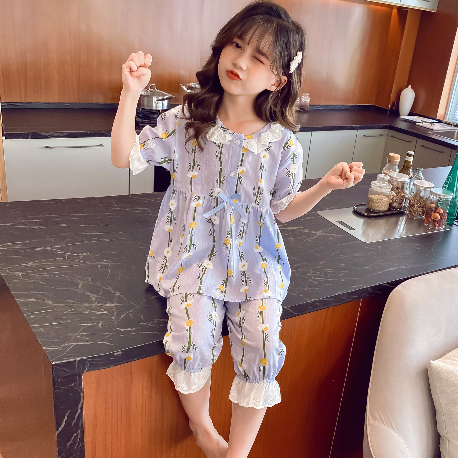 夏季薄款純棉兒童睡衣女孩短袖親子家居服中大童母女裝空調服套裝