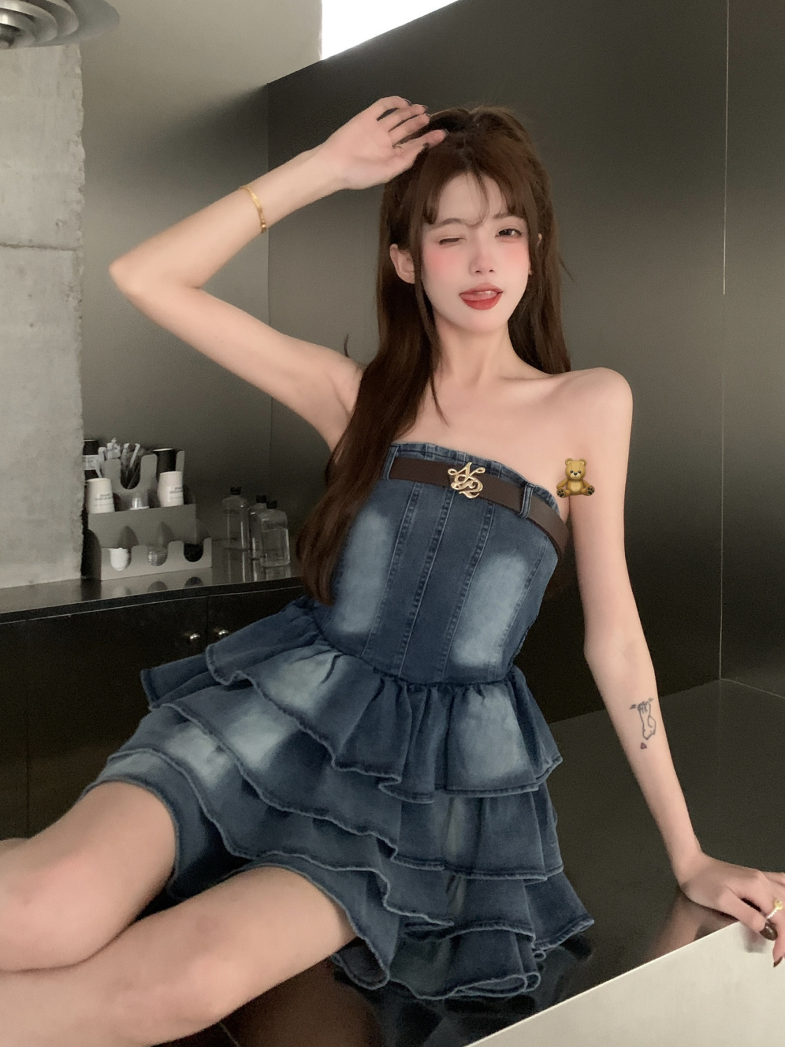 Hot girl sexy tube top denim dress female 2024 new American style high waist slim tight cake skirt tutu skirt