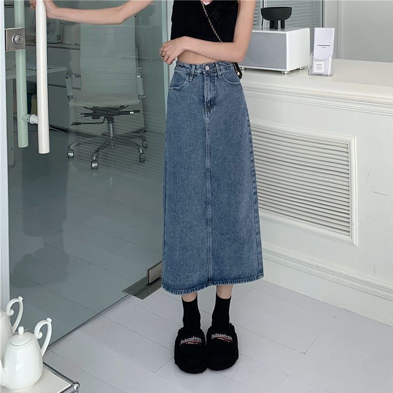 高腰牛仔半身裙女小個子a字裙中長款遮肉顯瘦開叉復古百搭裙春夏