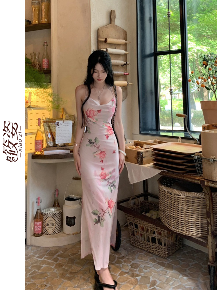 Xiaozi French rose tie-dye print suspender skirt women's short bag hip design sentimental collar long dress sweet