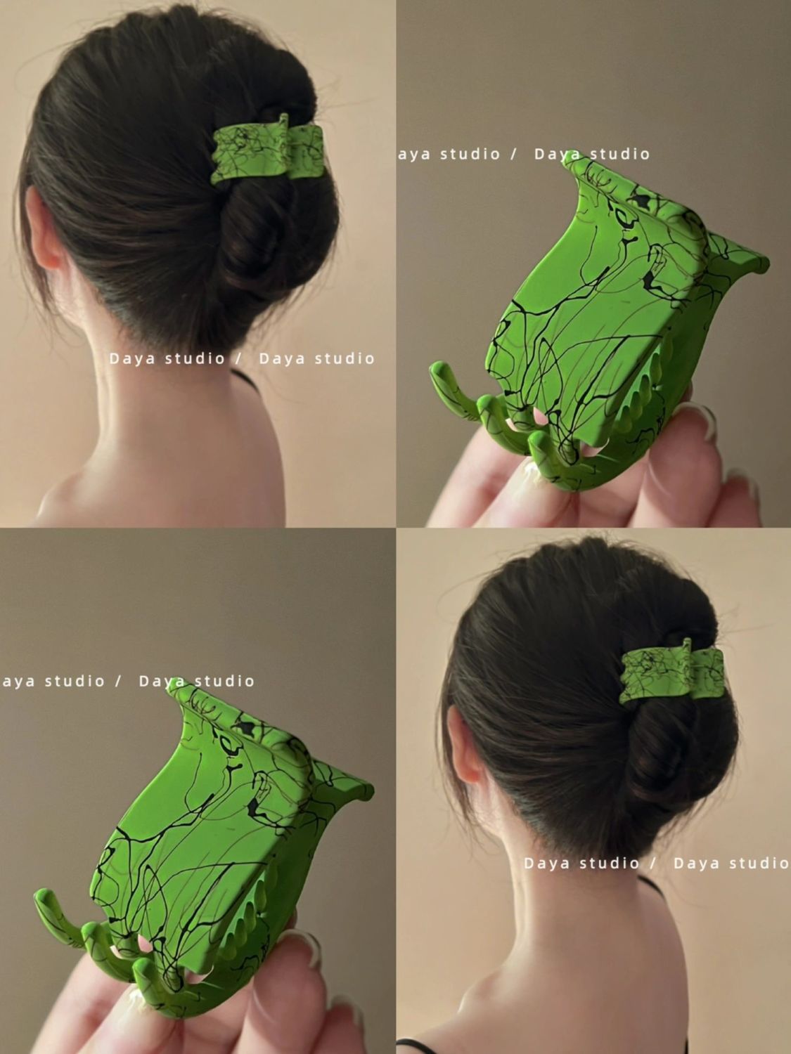 Lime Basil Matte Silk Painted Clip French Retro Temperament Shark Clip Hair Clip Back of the Head Hair Accessory