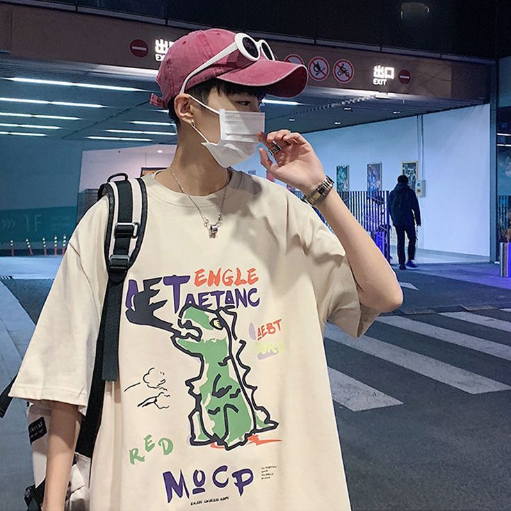港風ins小恐龍印花t恤男女情侶夏季新款寬鬆純棉時尚顯瘦短袖上衣