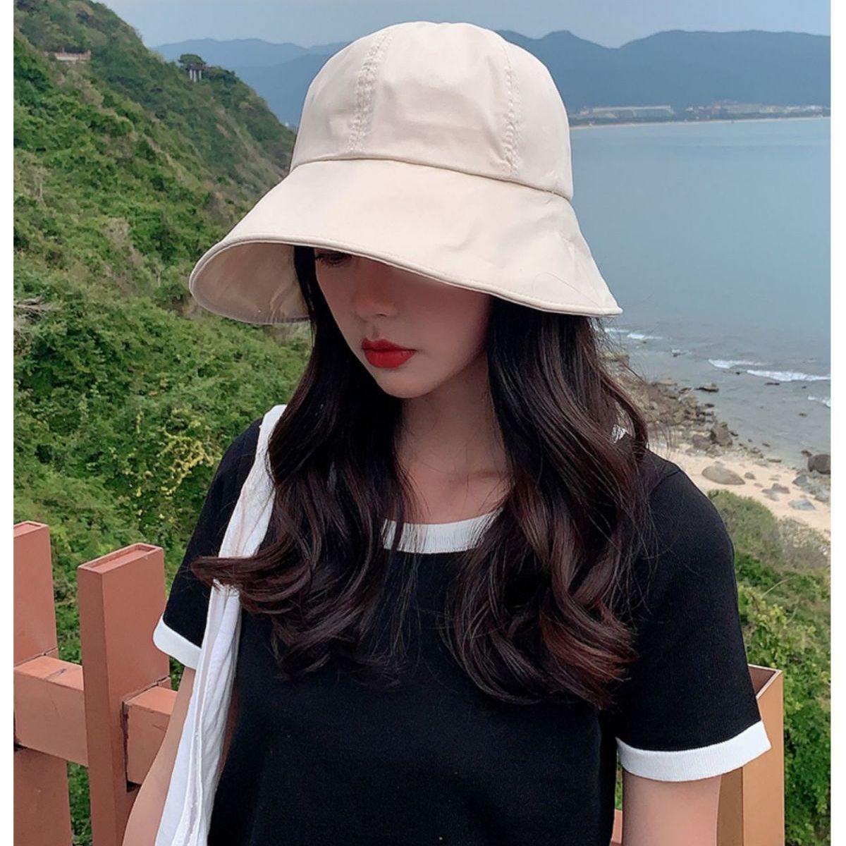 Fisherman hat female summer can tie ponytail sun hat Korean version of the all-match sunscreen face cap thin section cotton sun hat