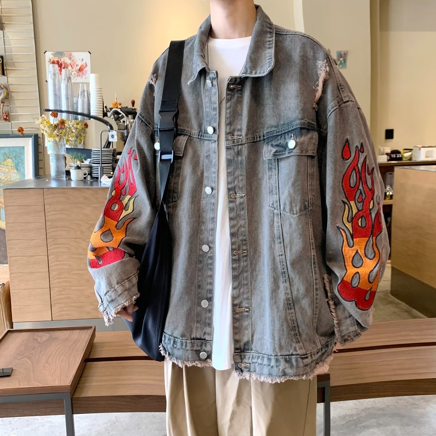 美式復古毛邊火焰刺繡牛仔外套男春秋季新款水洗潮牌痞帥工裝夾克