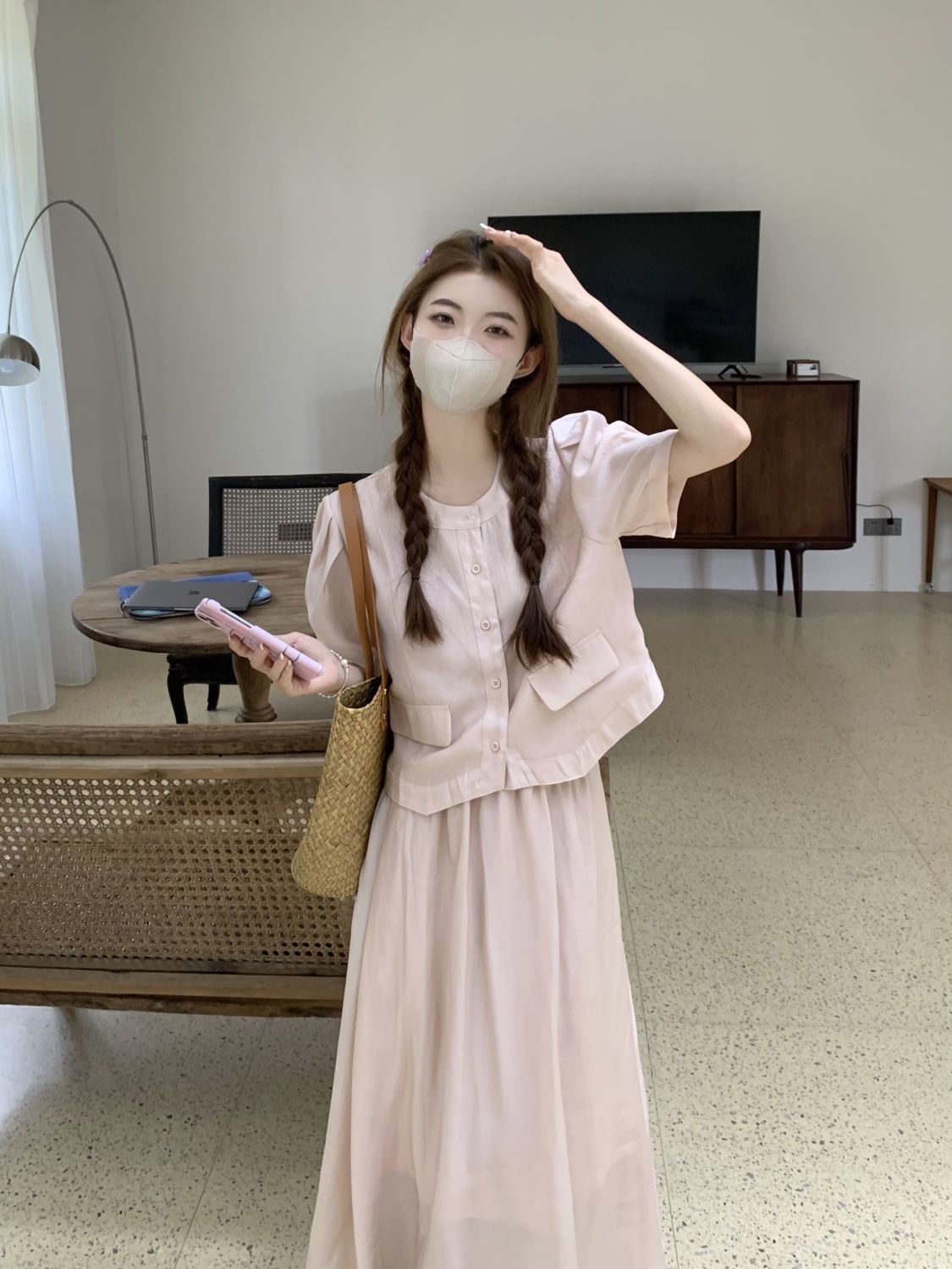 小香風減齡夏套裝女新款純色短袖襯衫鬆緊腰半身裙中式時尚兩件套