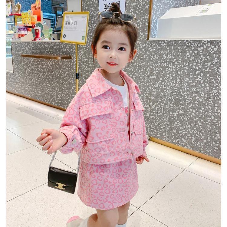 Girls autumn three-piece suit 2021 new pink leopard Korean style jacket denim jacket children's children's clothing skirt suit
