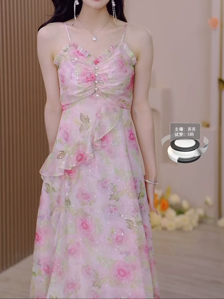 French light luxury niche irregular temperament sexy thin lace printed suspender dress 2023 summer new style