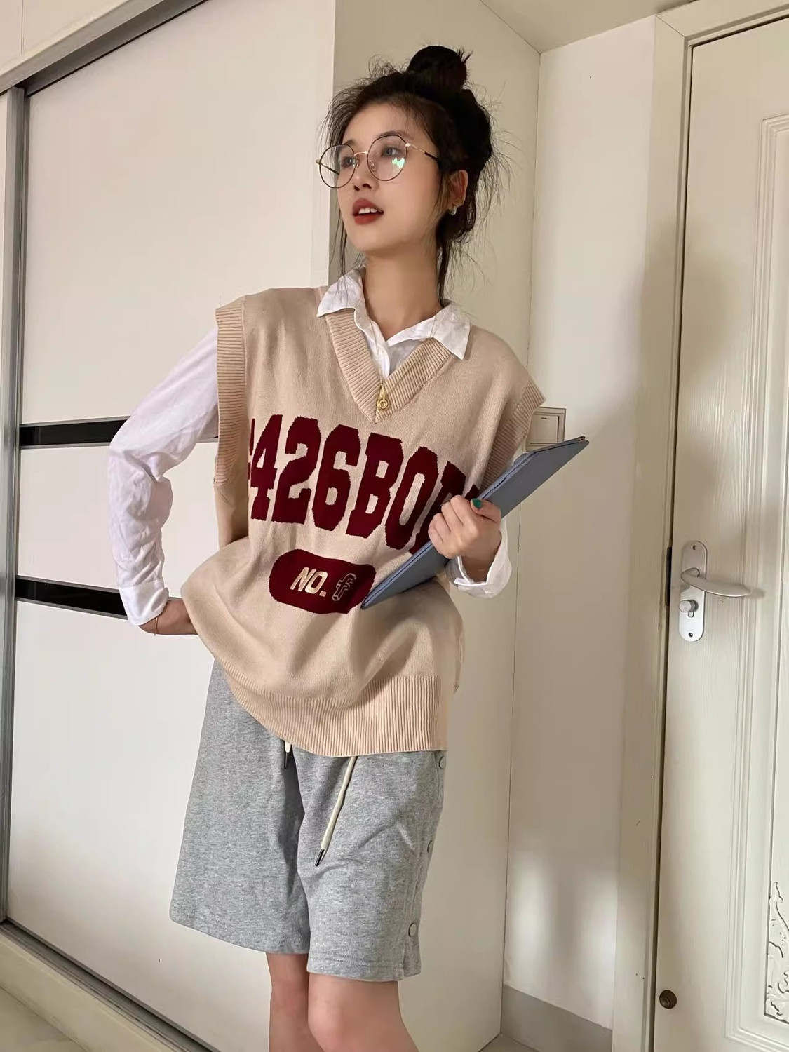 秋新款套裝女美式甜美風針織馬甲毛衣背心疊穿白色長袖襯衫上衣潮