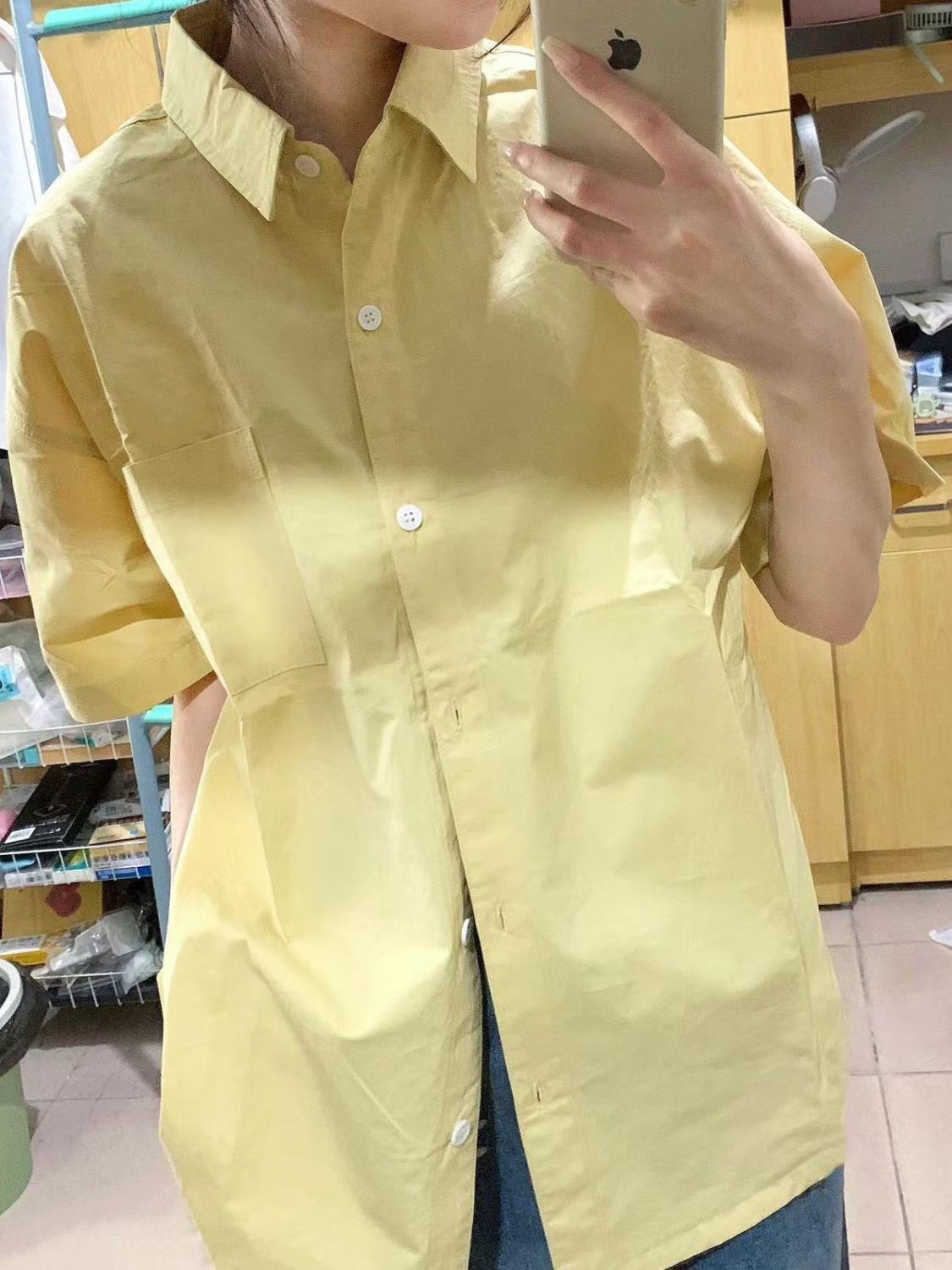 夏季新款嫩奶黃襯衫短袖女高級感時尚polo領襯衣外穿寬鬆百搭上衣
