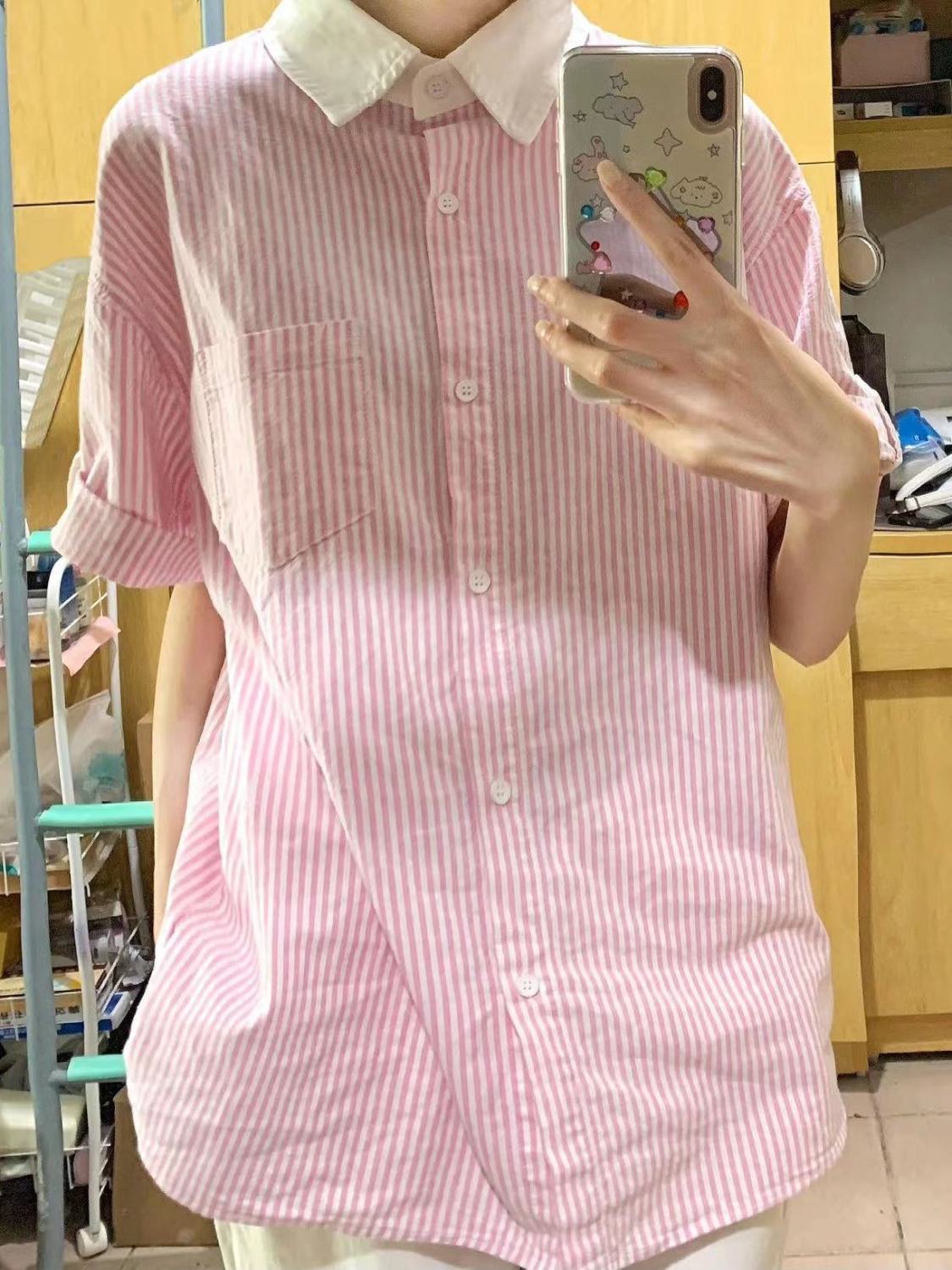 2023夏季多巴胺高級感甜美粉白色條紋襯衫短袖女寬鬆百搭襯衣外穿