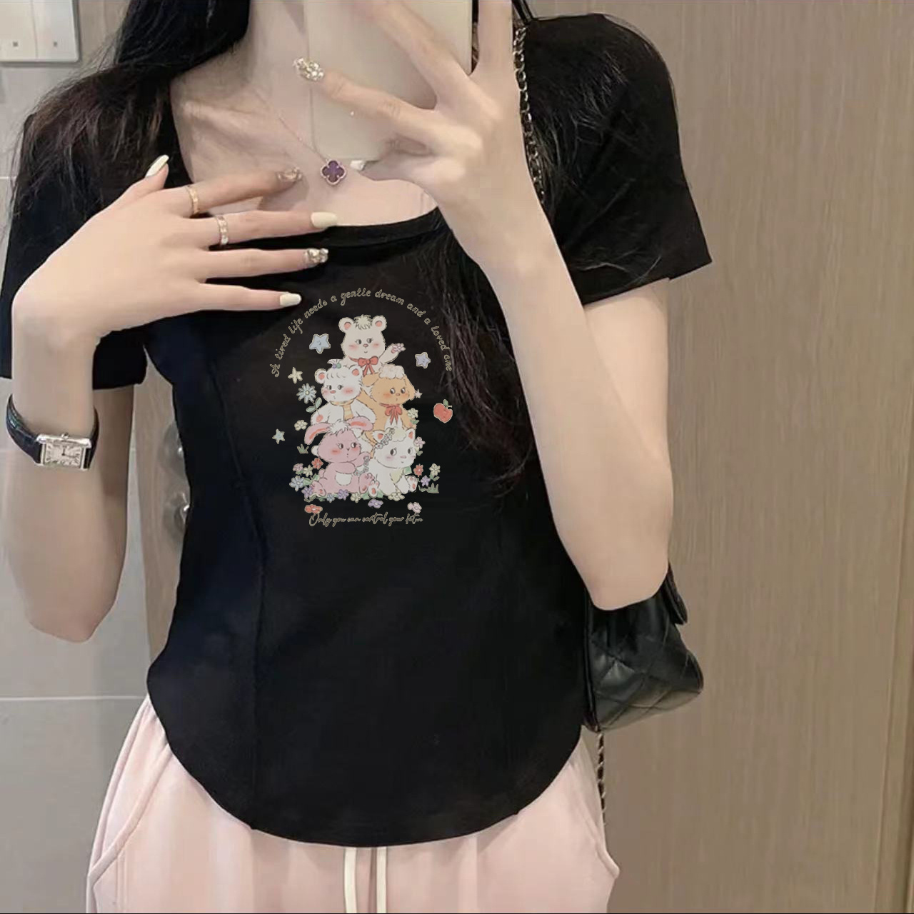 純棉方領短袖T恤女印花寬鬆顯瘦ins上衣夏季韓版百搭休閒正肩體恤