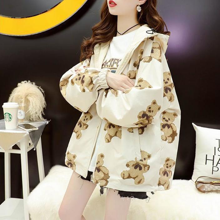 Double-sided wear coat bear print Korean all-match new foreign style junior high school students girls spring and autumn loose windbreaker