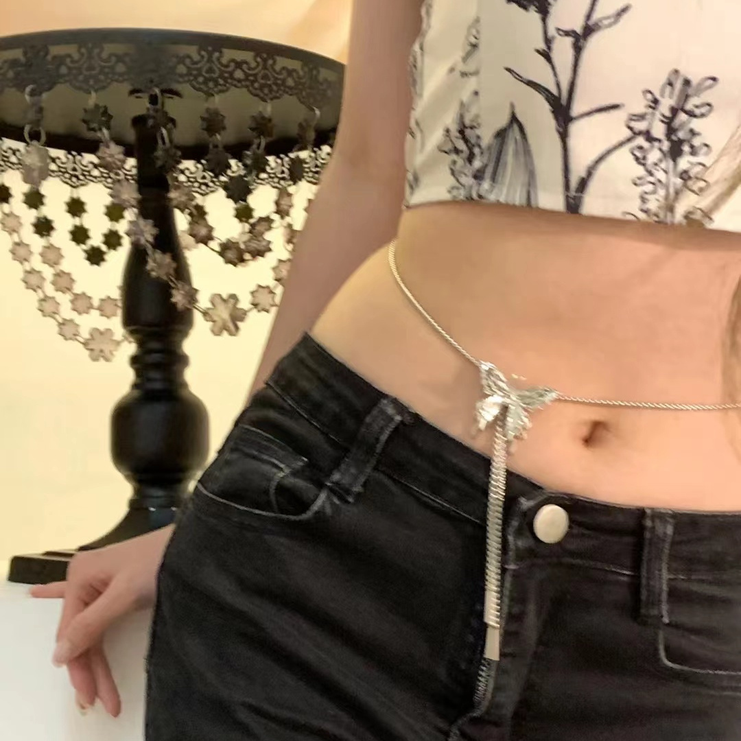 金屬液態蝴蝶抽拉可調節項鍊腰鏈手臂鏈身體多功能鏈小眾設計辣妹