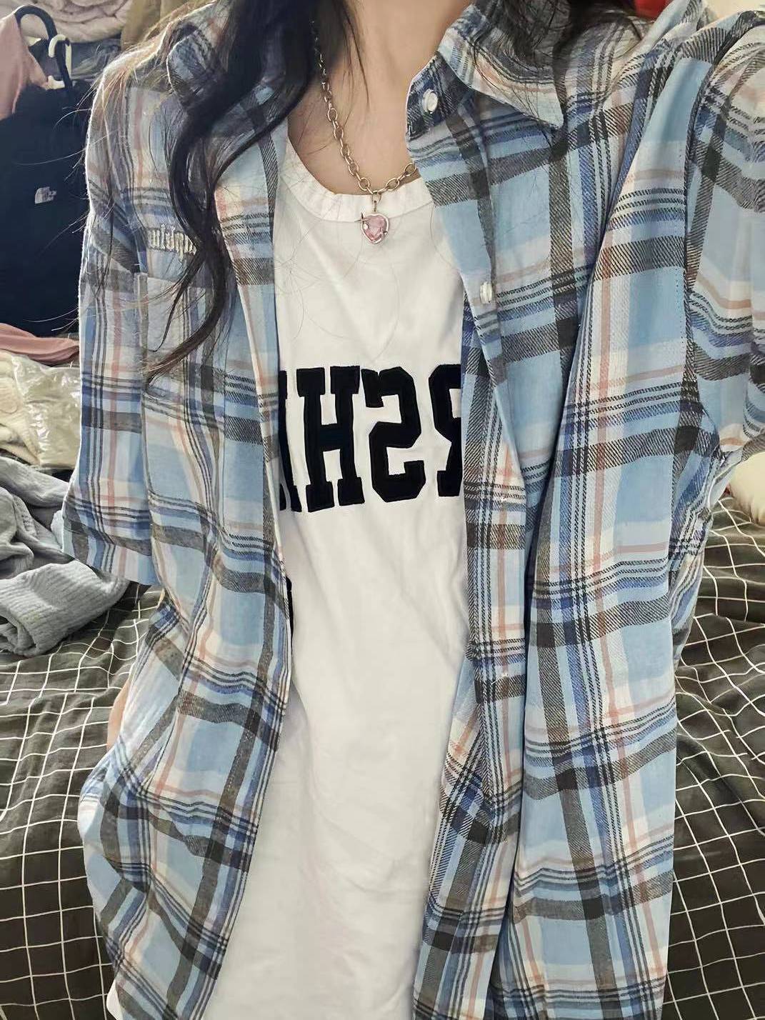短袖襯衫古着vintage藍色格子外套女夏季新款上衣寬鬆百搭襯衣潮