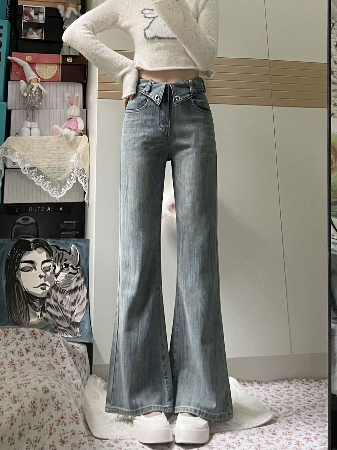Maillard Retro High Street Hot Girl Jeans Women's Large Size Fat MM Niche Cuff Design Micro-Flax Straight Pants