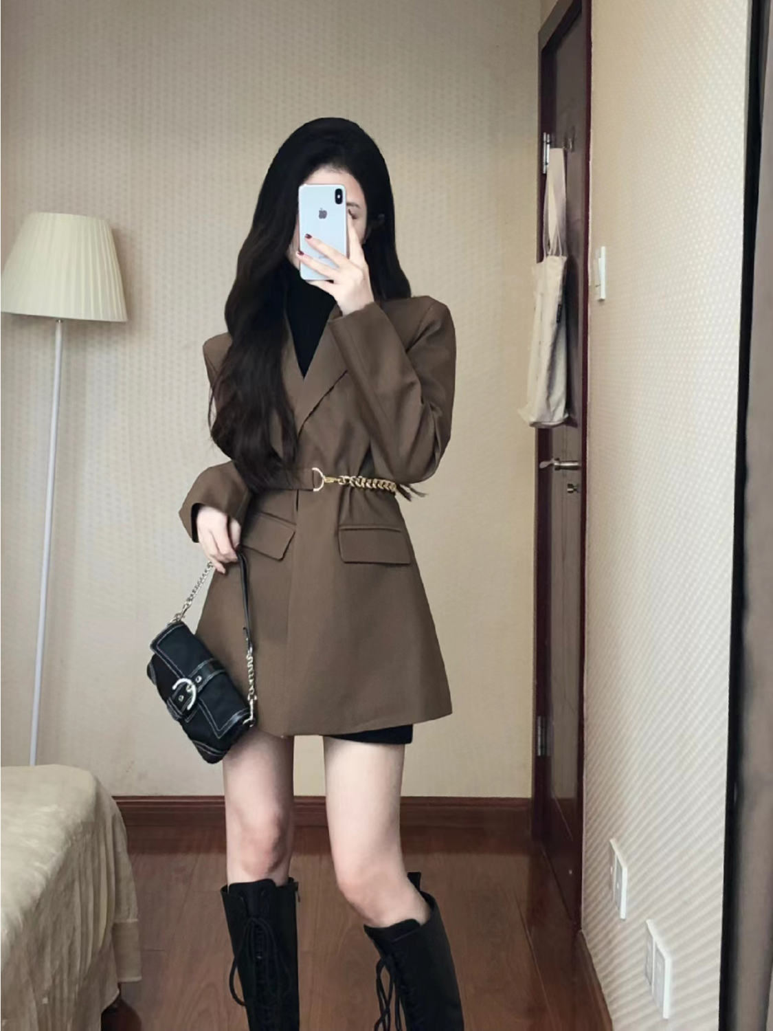 咖色西裝外套女春秋新款韓系小眾休閒百搭腰帶名媛氣質中長款西服