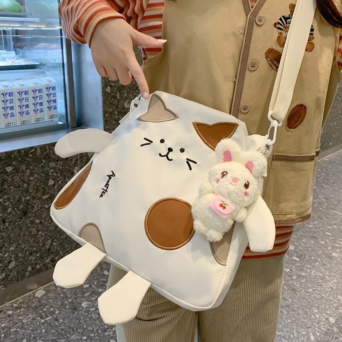 大容量帆布包包女2023新款卡通貓咪單肩包可愛少女大學生斜挎包萌