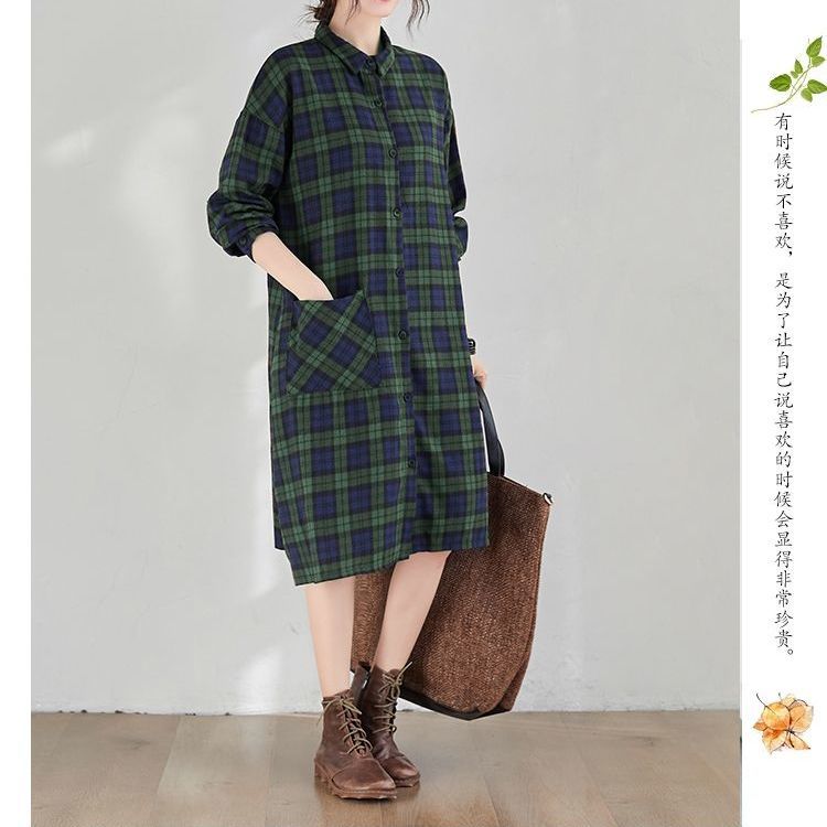 長袖格子連衣裙2023年韓版寬鬆大碼女裝復古洋氣減齡顯瘦襯衫裙女
