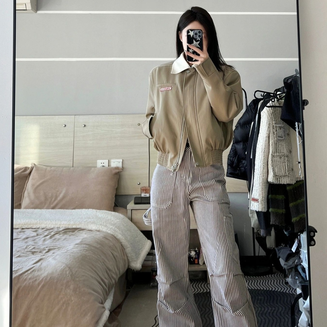 Lapel PU Collar Contrast Color Loose Japanese Jacket Casual Couple All-match Top Short Coat Spring and Autumn Thin Coat