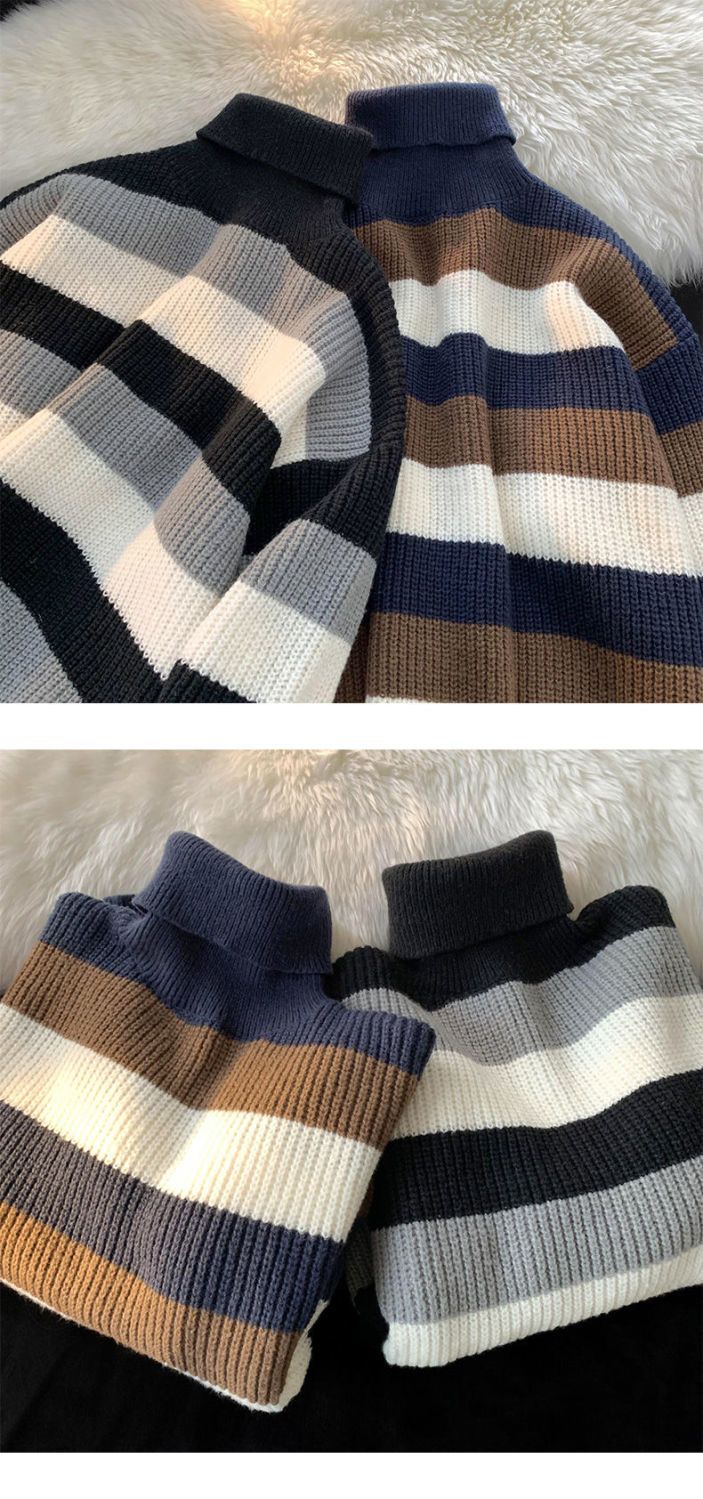High-necked Contrasting Striped Sweater Men's Ins Trendy Retro Japanese Loose Autumn And Winter Knitted Sweater Teen Hong Kong Style Jacket_voghion.com