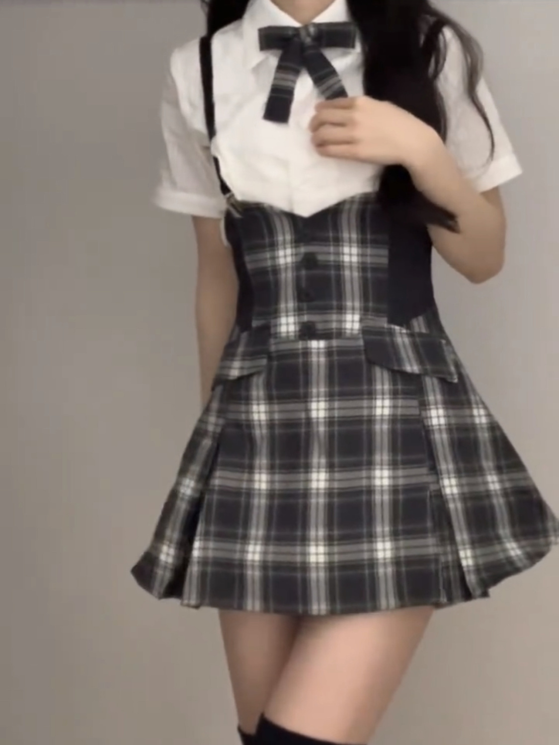 两件套装韩版学院风束腰拼接jk制服背带连衣裙子女学生+白色衬衫