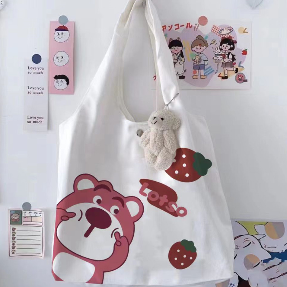 New student canvas bag large capacity tutoring tote bag ins versatile cute cartoon shoulder bag for loading books in class