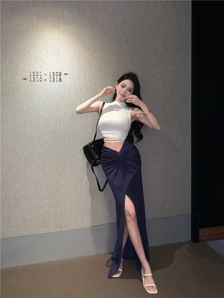 甜辣妹性感藍色半身裙女夏季半裙褶皺開叉不規則包臀裙子氣質長裙