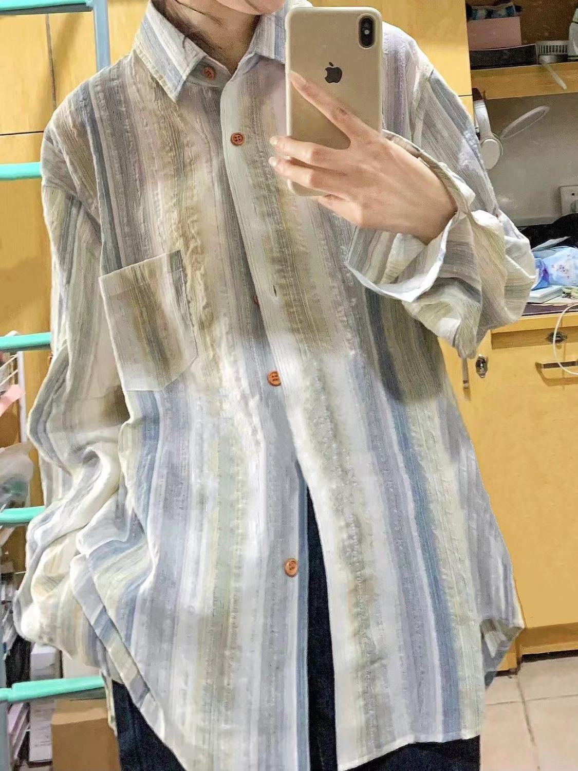 夏季薄外套棉麻藍色條紋襯衫防曬外搭女港風小眾高級襯衣開衫外穿