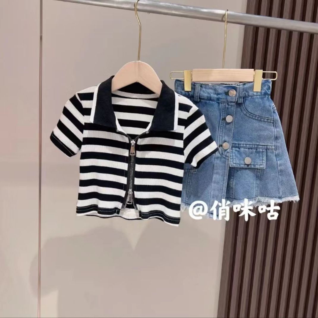 女童酷帥穿搭套裝夏季薄款2023新款中大童洋氣時髦條紋牛仔短褲裙
