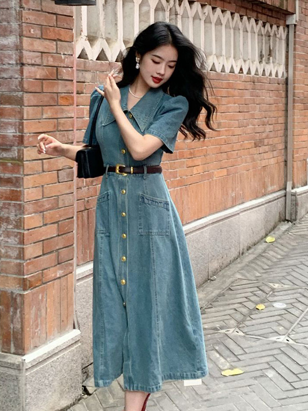 Small short-sleeved denim dress women's summer 2023 new design sense niche French long skirt temperament skirt