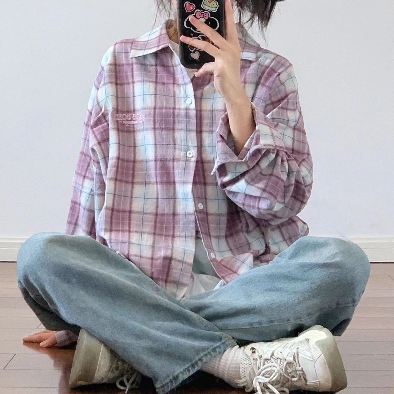 夏季2023日系復古嫩紫色格子襯衫女寬鬆顯瘦百搭襯衣外穿防曬開衫