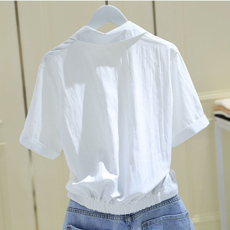 短款衬衫女短袖夏季新款女装韩版宽松褶皱短款白色衬衣女外穿